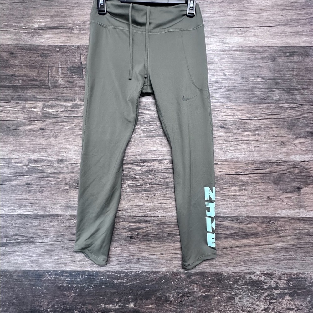Nike Olive Green Leggings with Light Blue Logo